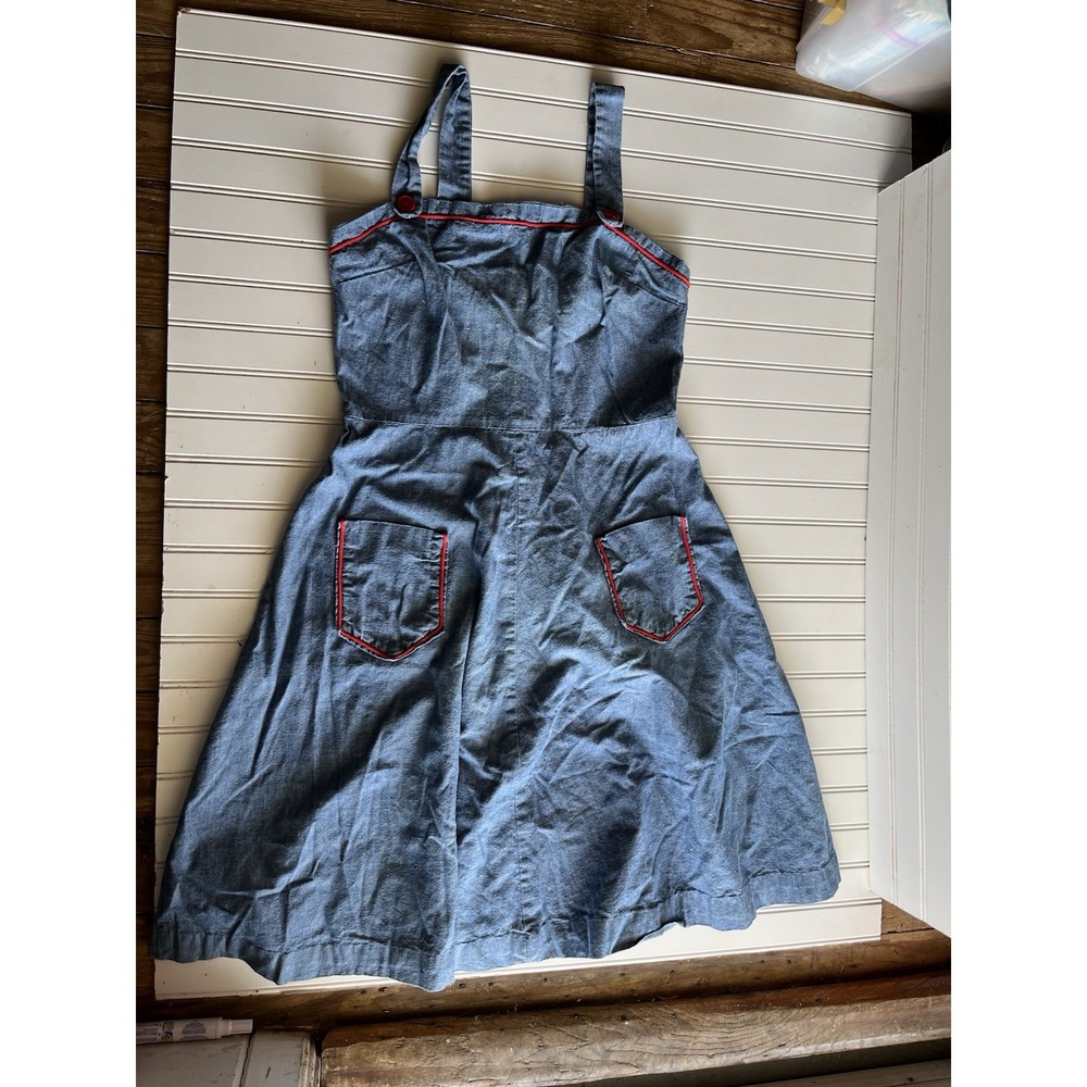 Handmade Chambray Denim Dress Red Piping A-Line Pinafore Pockets Women's S/M